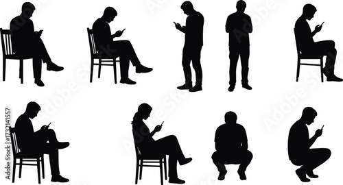 Silhouette illustration of people sitting, standing, and squatting while using smartphones