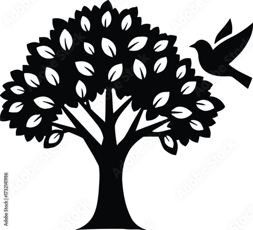 Stylized tree and flying bird, symbol of nature and freedom