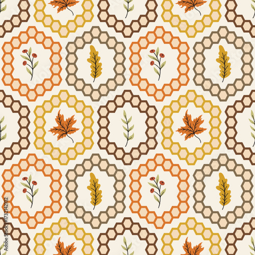 Autumn Leaves Honeycomb Vector Seamless Pattern