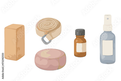 Collection of yoga and meditation accessories including block, strap, cushion, essential oil, and spray bottle for wellness practice
