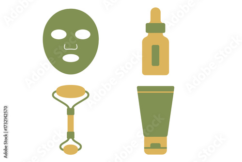 Comprehensive skincare routine essentials featuring a sheet face mask, serum bottle, facial roller, and cream tube for daily beauty regimen