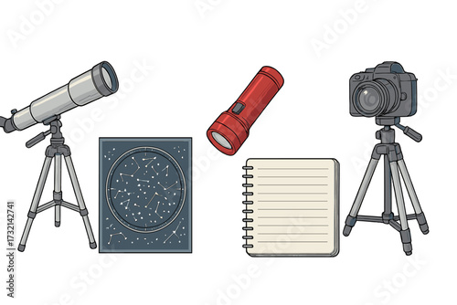 Astronomy observation equipment and tools for stargazing including telescope, camera, star chart, flashlight, and notepad
