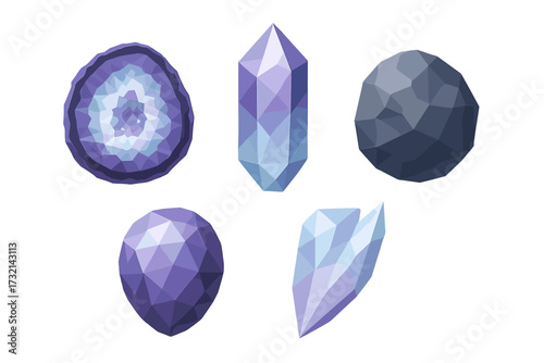 Diverse collection of faceted geometric crystals and natural mineral rocks with abstract polygonal shapes