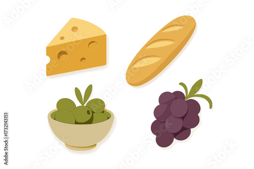 Delicious assortment of classic European food items including cheese baguette olives and grapes for a healthy diet