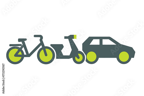 Diverse urban transportation options including a bicycle, scooter, and car, symbolizing personal mobility choices for modern city life