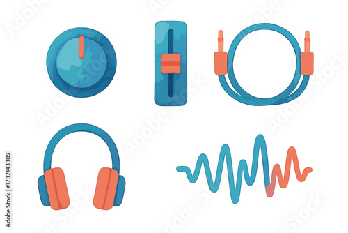 Modern audio control elements set including a rotary knob, fader, headphones, sound wave, and cable jack