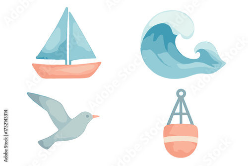 Collection of watercolor style nautical elements including sailboat, ocean wave, flying seagull, and marine buoy