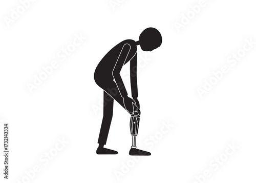 Stick figure stretching leg isolated on white background, warming up before run.