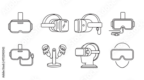 Modern virtual reality headsets and gaming controllers hand drawn line art icons set vector