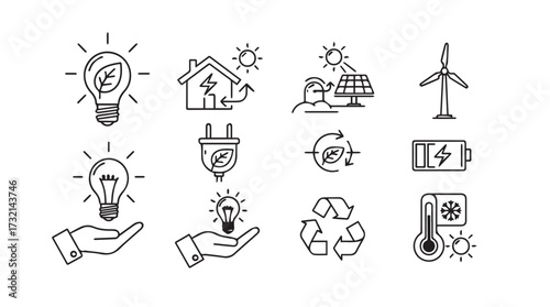 Hand-drawn icons representing renewable energy sources and eco-friendly concepts for sustainable living vector