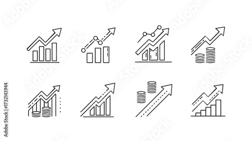 Collection of hand drawn growth chart icons representing financial progress and success vector