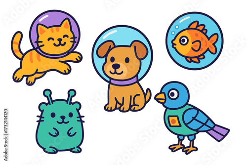 Playful cartoon animals and a friendly alien character wearing space helmets and floating in bubbles