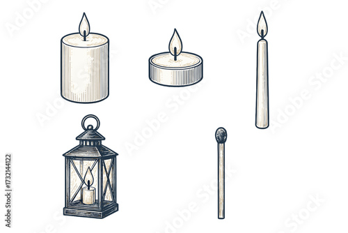 Set of various burning candles including pillar, tea light, taper, a decorative lantern with a lit candle, and a single wooden matchstick
