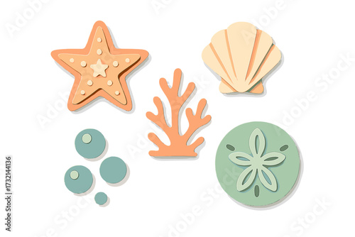 Vibrant paper cut style marine life elements featuring starfish, seashell, coral, sand dollar, and ocean bubbles in a charming underwater scene
