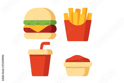 Classic fast food meal with cheeseburger, golden french fries, refreshing soda drink, and delicious ketchup sauce