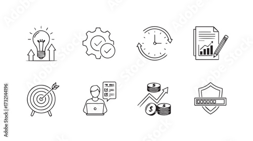 Business strategy icons idea growth target teamwork finance and success symbols hand drawn style vector