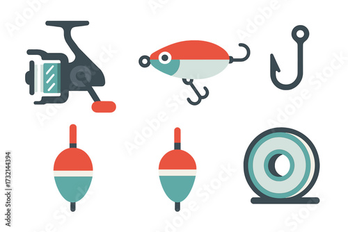 Essential fishing equipment set with spinning reel, artificial lure, sharp hook, colorful bobbers, and fishing line spool