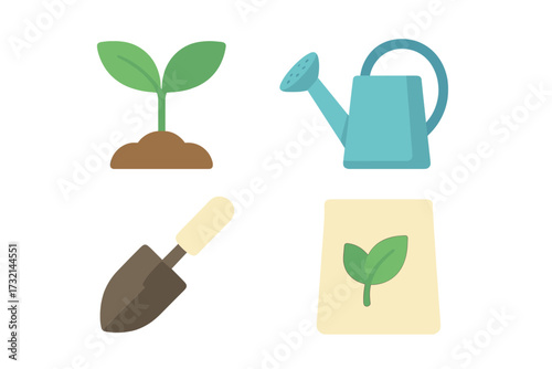 Essential gardening tools and plant growth elements including sprout, watering can, trowel, and seed bag for nature concepts