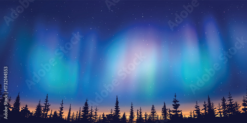 Contour of trees against the background of aurora borealis, winter holiday illustration