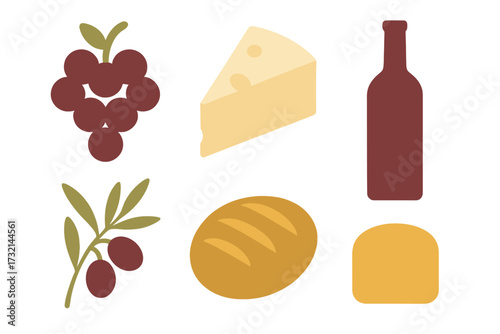 Assortment of classic European food and drink items including grapes, cheese, wine bottle, olives, and various bread types