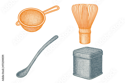 Matcha tea preparation tools including bamboo whisk, fine mesh strainer, long spoon, and storage tin