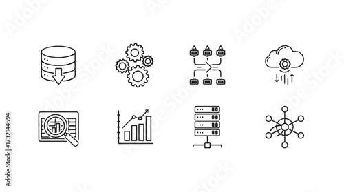 Digital transformation and data management icons representing cloud computing analytics and networking concepts vector