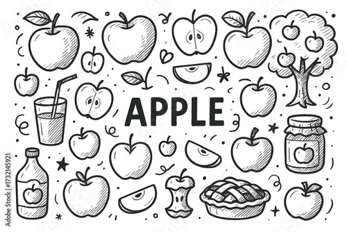 Hand-drawn apple doodles: fruits, tree, juice, pie, jars