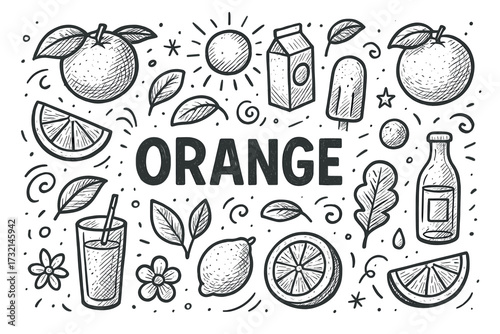 Orange-themed doodles: citrus fruits, juice, and summer icons in black and white