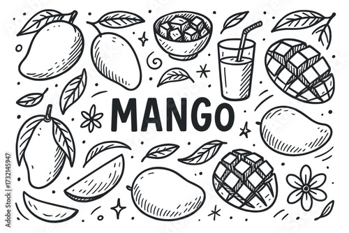 Hand-drawn mango collection with leaves and juice in black and white