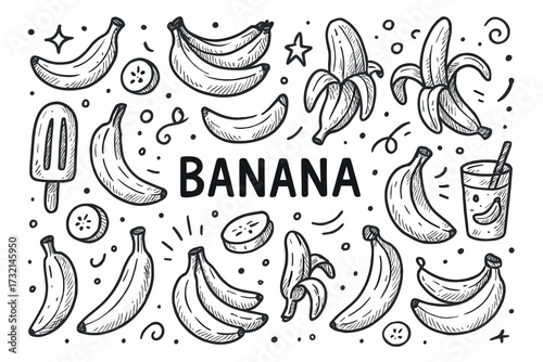 Hand-drawn banana illustrations with tropical fruits and summer elements