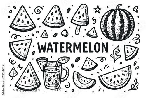 Hand-drawn watermelon doodles with slices and juice illustrations