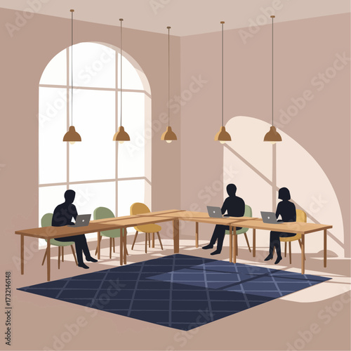 Flat contemporary vector illustration of a trendy coworking space interior
