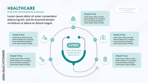 Healthcare infographics 5-step template design with stethoscope - for medical business presentation slide