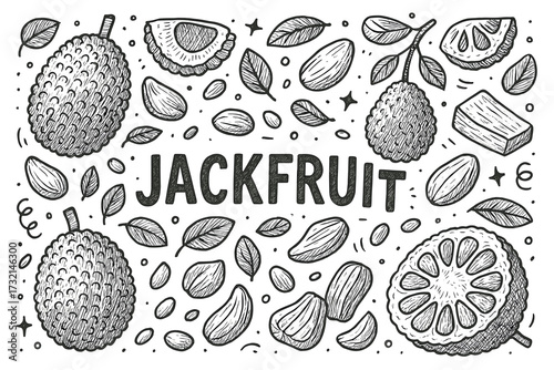 Black and white jackfruit pattern with leaves and seeds