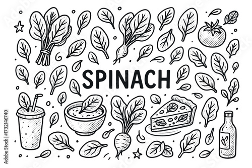 Spinach themed hand-drawn illustration with leaves, smoothie, soup, and pie