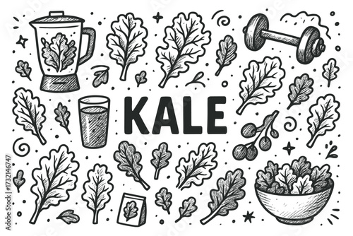 Hand-drawn kale and fitness elements with blender, dumbbell, and salad bowl