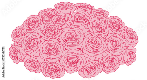 Pink, outlined roses bloom in a dense bouquet