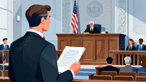 Lawyers and judges are in court, cartoon hand-drawn vector illustrations