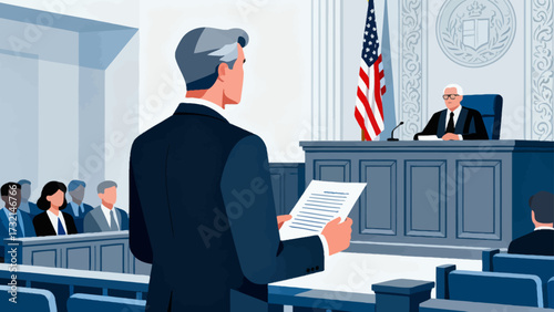 Lawyers and judges are in court, cartoon hand-drawn vector illustrations