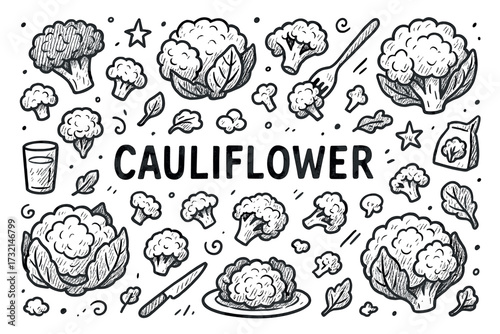 Hand-drawn cauliflower patterns and doodles with forks and leaves