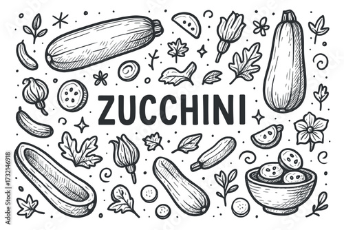 Hand-drawn zucchini variations with leaves and blossoms in monochrome design