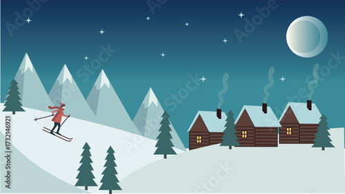 Winter night skier with houses