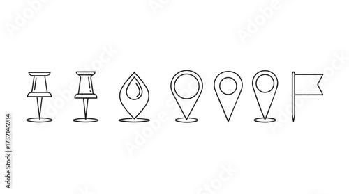 Collection of location pin and pushpin icons hand drawn style for navigation and marking vector