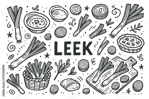 Hand-drawn leek and food elements illustration with sliced vegetables and basket