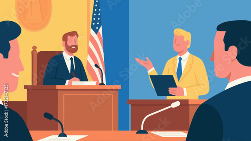 Lawyers and judges are in court, cartoon hand-drawn vector illustrations