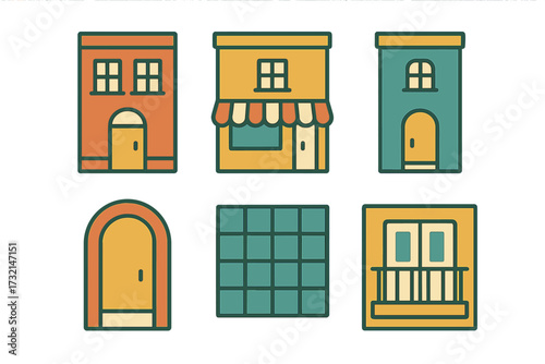 Colorful flat design city buildings and architectural components like houses, a shop, windows, and doors