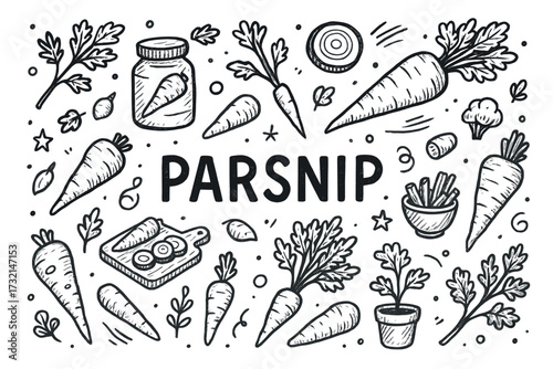 Hand-drawn parsnip illustration with various elements and doodles