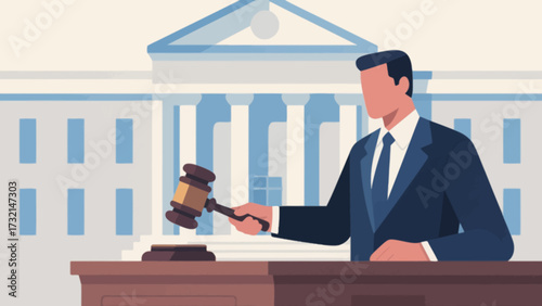 Lawyers and judges are in court, cartoon hand-drawn vector illustrations