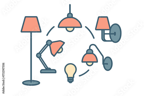 Assortment of modern and classic lighting fixtures including floor lamps, desk lamps, and wall sconces with a glowing light bulb