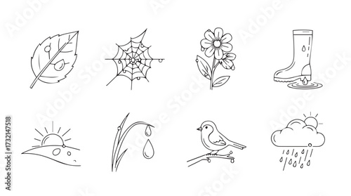 Set of eight hand-drawn nature and seasonal icons for decorative use vector